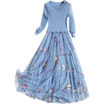 

spring summer party embroidery elegant dresses women vintage club luxury a-line 2020 dress evening chiffon mesh patchwork new
