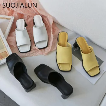 

SUOJIALUN Vintage Square Toe High Heel Women Slipper 2020 Summer Outdoor Beach Sandal Slides Ladies Open Toe Designer Shoes