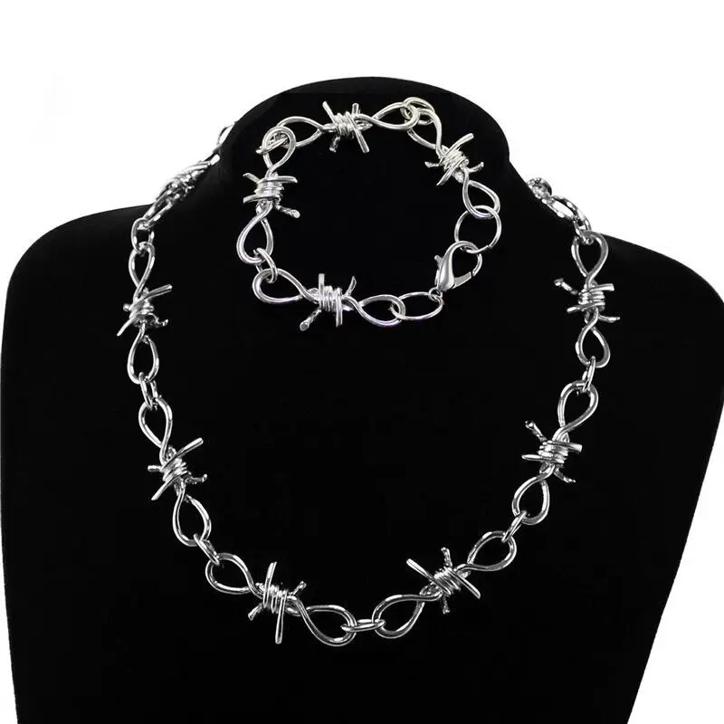 KESOCORAY Barbed Wire Necklace Gothic Thorns Choker Bracelet Punk Hip Hop Rock Alloy Set Gift for Women Girls | Украшения и