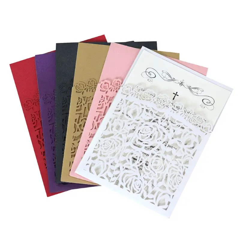  10pcs/set Glitter Hollow Rose Invitations Cards Cover Kits With Bow Ribbon For Wedding Bridal Showe - 4.00036E+12
