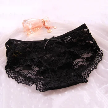

Women Sexy Underwear Lace Briefs Female Panties Perspective Temptation Ladies Breathable Floral Bow Lace Panties Black C0092