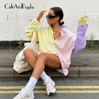 

Fashion Oversized Long Shirts Female Color Patchwork Aesthetic 90s Tops Tees Casual Korean Vintage Long Sleeve Top Cuteandpsycho