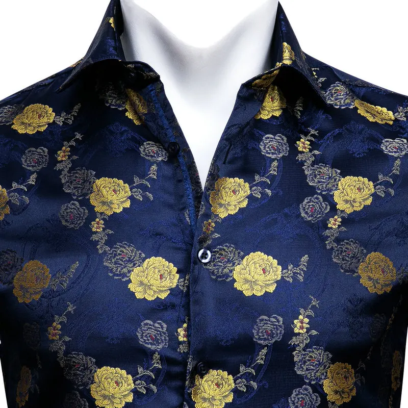 Barry.Wang Fashion Gold Rose Paisley Silk Shirt Men Long Sleeve Casual Flower Shirts For Men Designer Fit Dress Shirt BCY-0052