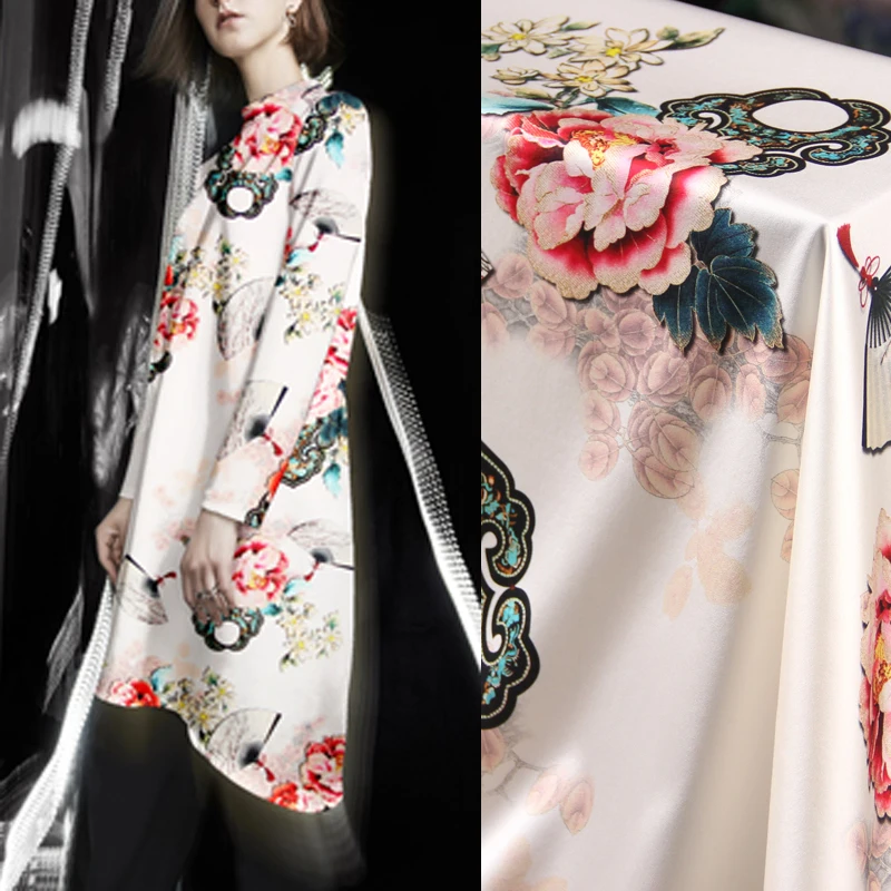 

118CM Wide 19MM 93% Silk & 7% Spandex Pink Peony Print Stretch White Silk Satin Fabric for Dress Cheongsam Jacket D1114