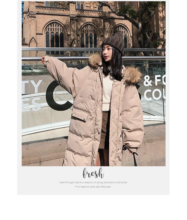 Photo Shoot Main Push CHIC Sweet Flesh Color over-the-Knee Long Hooded Large Fur Collar Best Friend down Coat Cotton Overcoat Wo