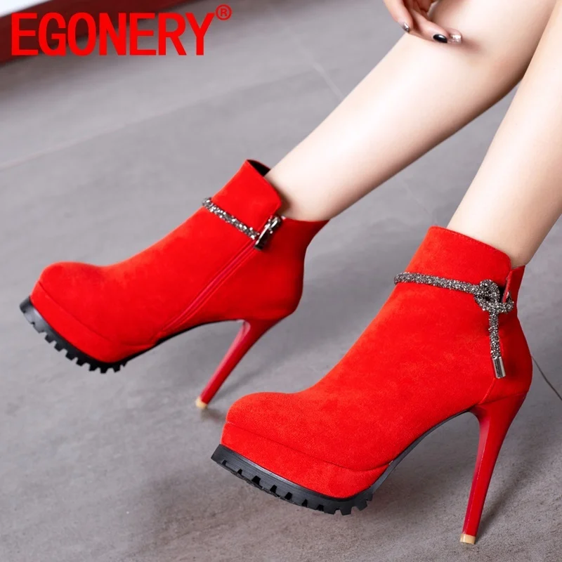 

EGONERY winter new fashion party ankle boots outside super high heels platform round toe zip plus size women shoes drop shipping
