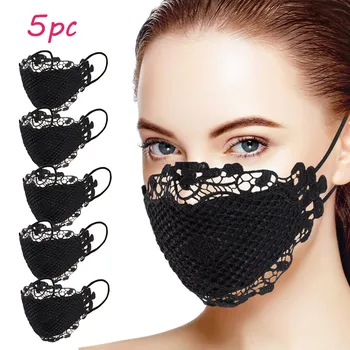 

5pc Black Mouth Mask Delicate Lace Applique Washable And Reusable Mouth Face Mask Breathable Fabric Mascarilla Reutilizable