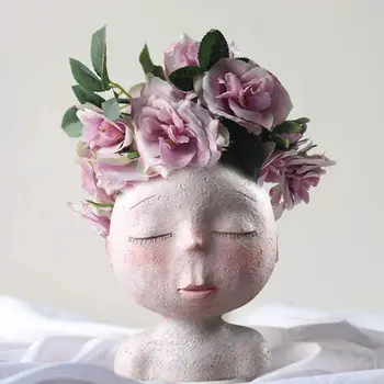 

W&G Planters Pots Resin Head Vase Indoor Outdoor Succulent Planter Flower Vase Creative Face Statue Home Garden Decor Sculpture