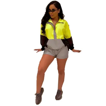 

2020 Women Casual Reflective Patchwork Women Sets Fluorescence Mesh Zipper Up trench Top Shorts Tracksuit Night Club 2pcs Sets