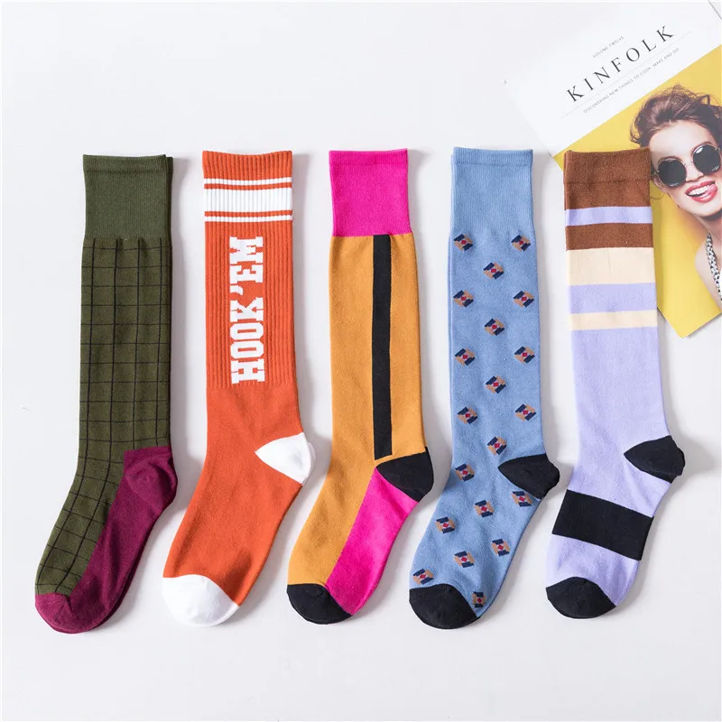 Осенне-зимние женские носки в клетку контрастного цвета с буквенным принтом, женские носки для скейтборда в стиле хип-хоп, женские носки до колена, женские забавные носки