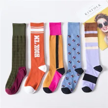 Осенне-зимние женские носки в клетку контрастного цвета с буквенным принтом, женские носки для скейтборда в стиле хип-хоп, женские носки до колена, женские забавные носки