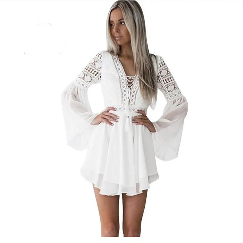 

womens Hollow Out White Dress Sexy Women Mini Chiffon Dress Criss Cross Semi-sheer V-Neck Long Sleeve Crochet Lace Dress BC022