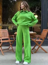  Free Shipping Casual Autumn Loose Knit Sweater Set Fashion Zip Lapel Long Sleeve Pullover Sweater & Straight Pants Two-piece Set 