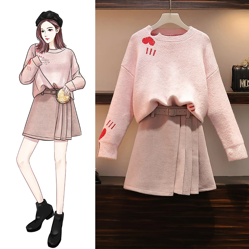 Зимняя модная женская одежда, шерсть, розовый длинный рукав, круглый воротник, принт в виде сердца, свободные пуловеры, милый свитер+ плиссированная юбка с поясом