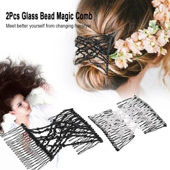 

2Pcs Glass Bead Magic Comb Elastic Double Insert Clips Chic Stretch Hair Head Comb Cuff Random Colors DIY Hair Styling Tool