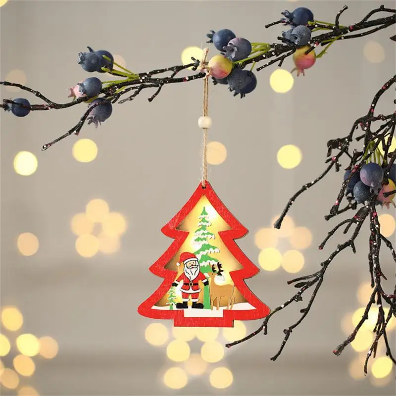 Christmas Luminous Ornaments Wooden Pendant Novelty Xmas Tree Hanging Decor yu 