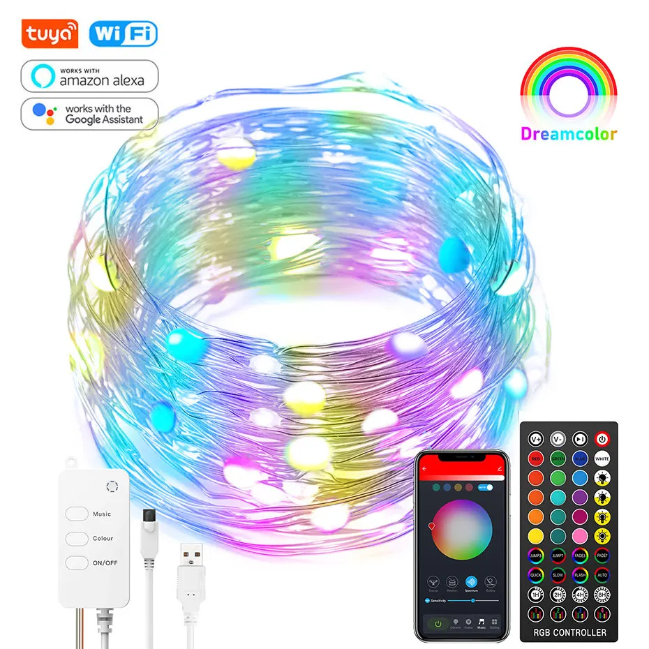 Tuya Smart WiFi LED Fairy String Lights Dreamcolor 10m 100LED RGB RGBIC USB Strip Light Work Alexa Music Sync Christmas Light