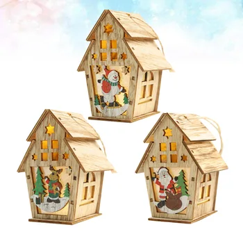 

3 Pcs Glowing Wooden Hanging Ornament Xmas Glowing Cabin Santa Claus Snowman Elk House Christmas Tree Decoration DIY Gift Window