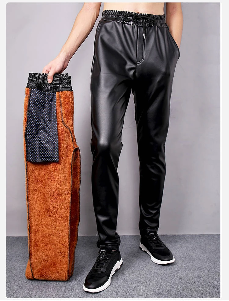 Description Picture 6 of itemIdopy Men`s Winter Warm Faux Leather Joggers Harem Pants Fleece Lined Elastic Waist Drawstring PU Joggings Trousers For Male