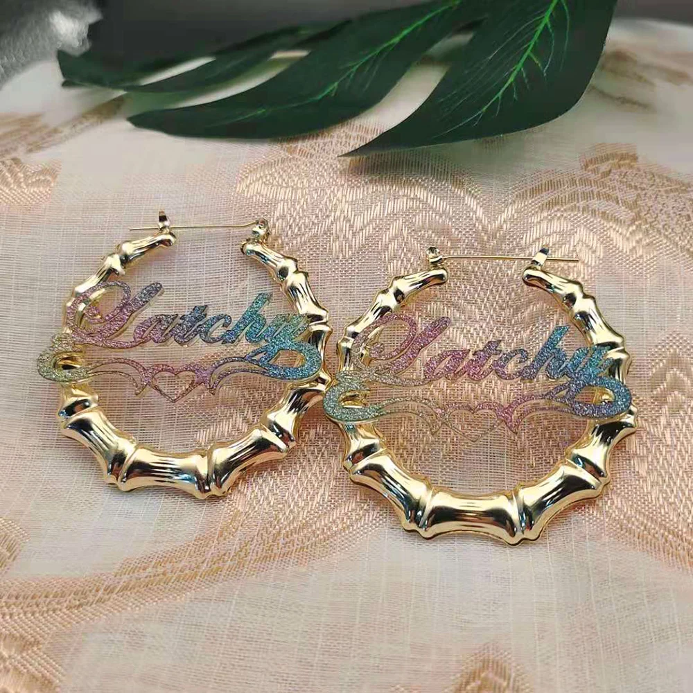 LUER Custom Bamboo Name Earrings Stainless Steel Color Sticker  Bamboo Hoop Personalized earring Heart-Shaped For Women's Gift