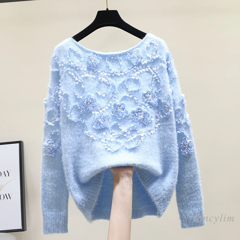 

Beaded Flower Sweater for Women 2020 Autumn and Winter New Korean Style Three-Dimensional Petals Loose Mohair Knitwear Top