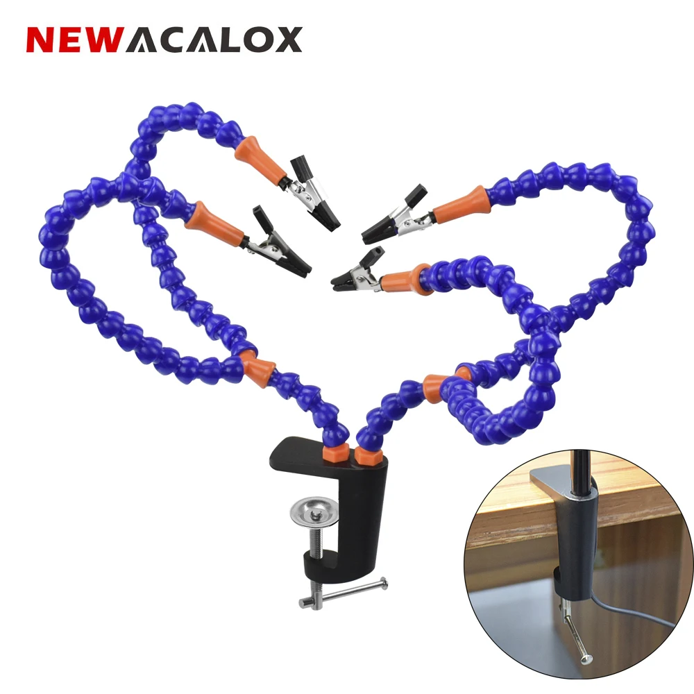 NEWACALOX Table Clamp Soldering Iron Holder PCB Fixture Helping Hands Soldering Crafts Jewelry Hobby Workshop Helping Station newacalox bench vise third hand soldering pcb holder tool four arms helping hands crafts jewelry hobby workshop helping station