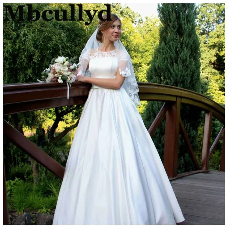 

Mbcullyd White Satin Wedding Dresses Long With Short Sleeve 2020 Formal Bride Dress suknia slubna Applique Lace Vestido De Noiva