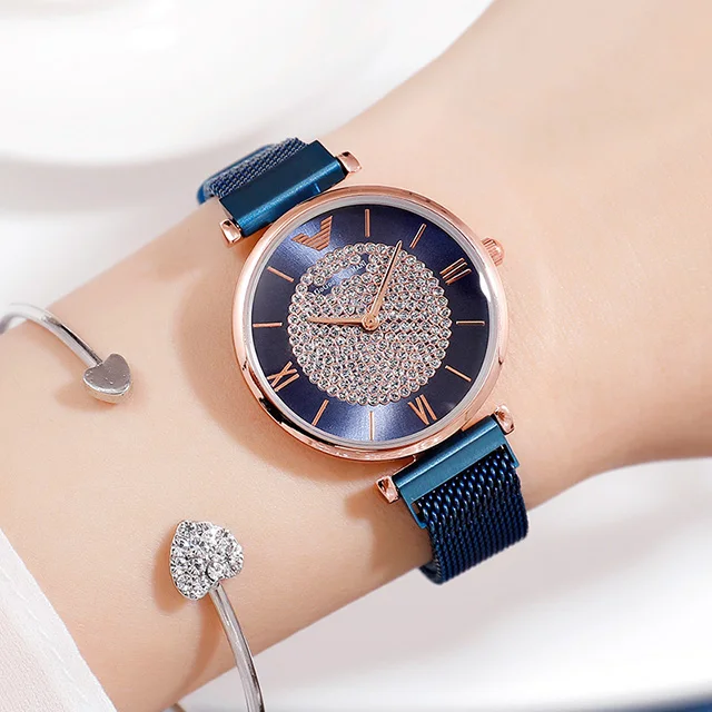 Лидирующий бренд, женские наручные часы из розового золота, для женщин, relogio feminino, Роскошные, с бриллиантами, с магнитной сеткой, кварцевые часы, reloj mujer - Цвет: Синий