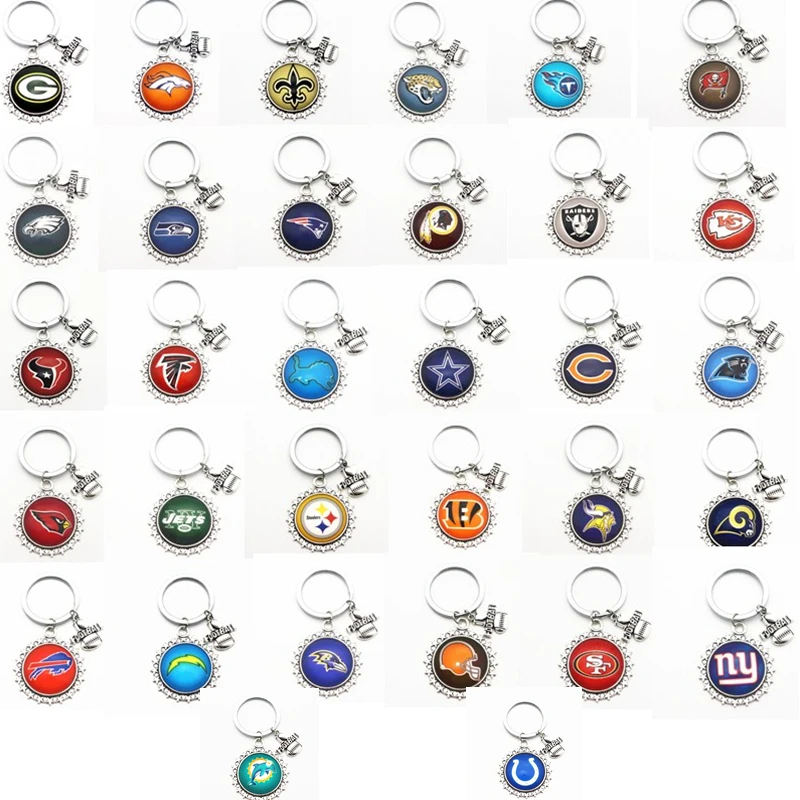 

5pcs/lot I Love Football Keychains Glass Print Football Team Round Glass Pendant For Wome Men Key Chains Key Ring Jewelry