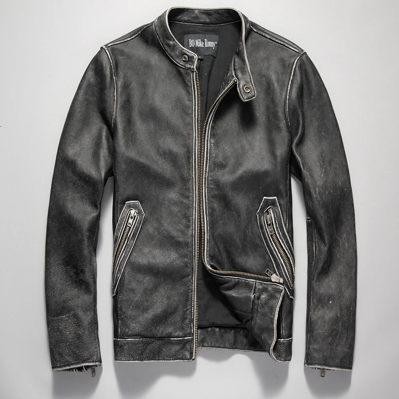 

2020 New Men Casual Cowhide Genuine Leather Jacket Stand Collar Riding Jackets Black/Black Eding/Vintage Gray Coats