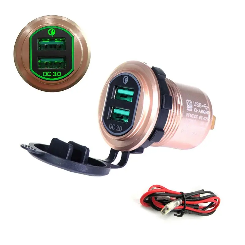 Aluminum Motorcycle Boat 12V/24V QC 3.0 Dual USB Car Charger Power Adapter for Smartphone Tablet PC GPS