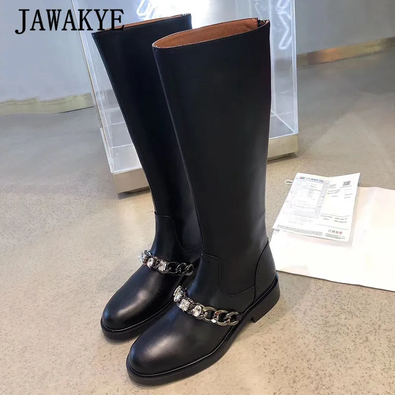 long boots Зимние ботинки с высоким голенищем; женские Ботинки martin с круглым носком, украшенные металлическими цепочками и кристаллами; рыцарские ботинки на не сужающемся книзу массивном каблуке; женские ботильоны - Color: long boots