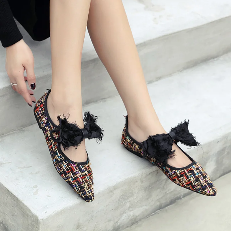 

Elegant Mary janes autumn women feather bow fringe strap ballet flats pointed toe moccasins mixed color ladies single shoes2019