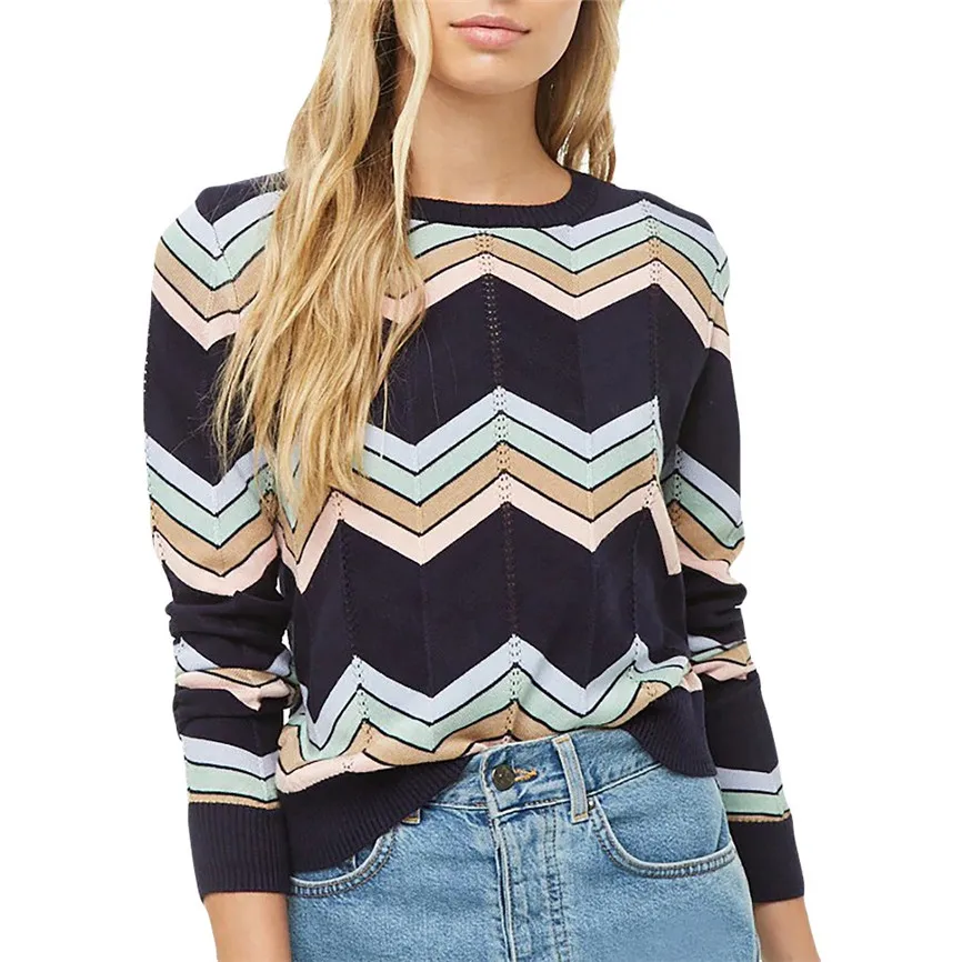 Pullover High Elasticity Women Knot O-Neck Sweater Long Sleeve Knitwear Wave Stripe Top Blouse Sweters Invierno | Мужская одежда