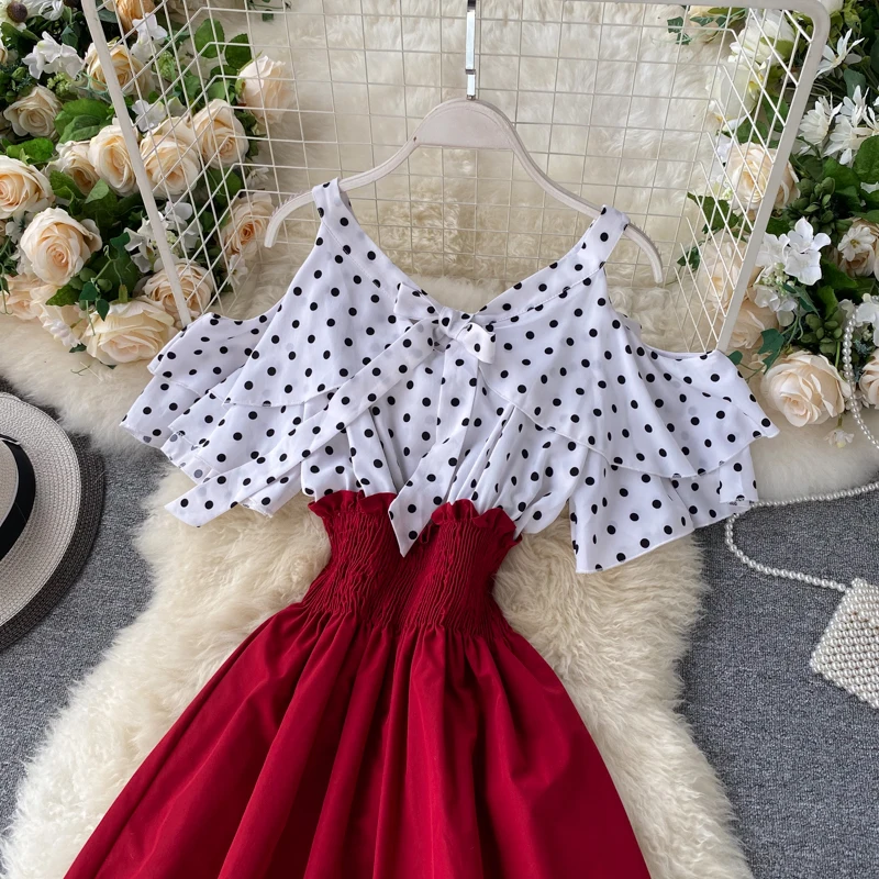 Boho Ruffles sexy Off shoulder polka dot print patchwork Summer short Dress Women slim waist dress casual a-line beach dress