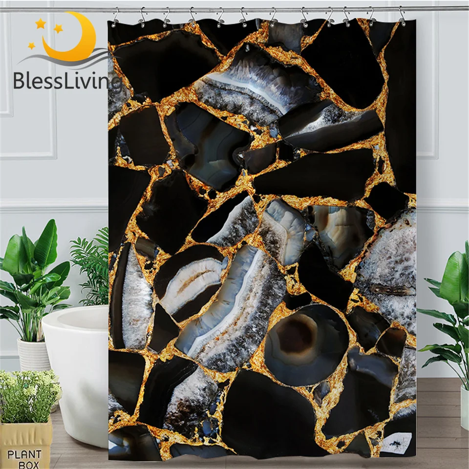 

BlessLiving Marble Texture Shower Curtain Liquid Golden Waterproof Bath Curtain With Hooks Rock Stone Abstract Home Art Decor