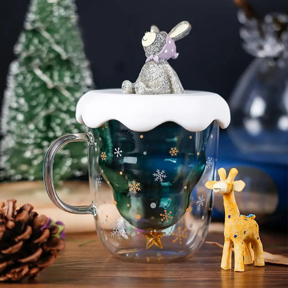 

Double-Layer Glass Christmas Tree Star Water Cup High Temperature Mug Anti-scalding Breakfast Cup Decor Ornaments Holiday Gift