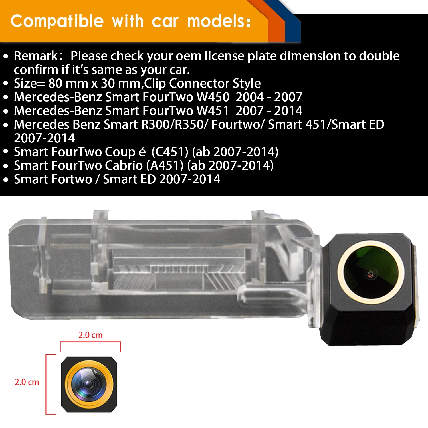 Smart ED/Smart 451/Smart fortwo Misayaee Vue Arrière de Voiture de Vision Camera de Recul Auto/Voiture étanche pour Mercedes Benz Smart R300/R350/Fortwo 