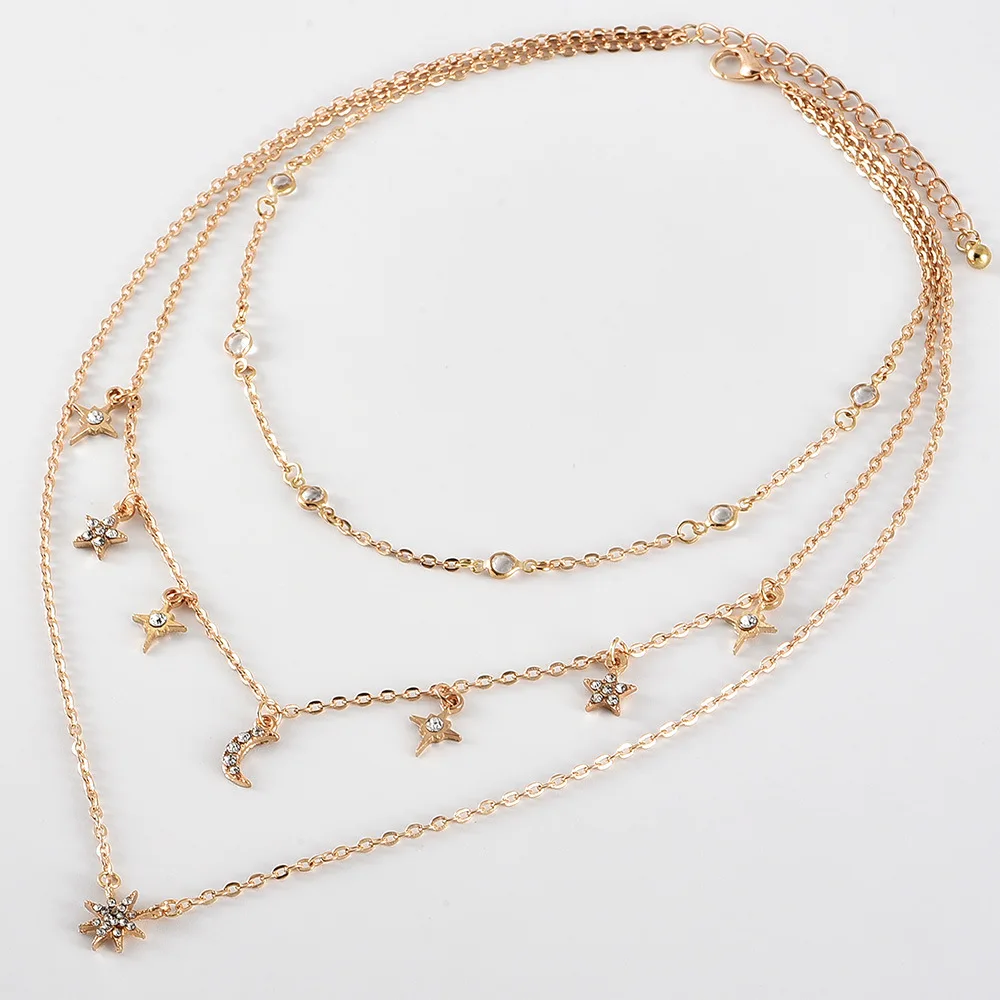 Новое богемное золотое ожерелье со стразами Луна пентаграмма многослойное колье для женщин Роскошные ювелирные изделия, представительное ожерелье