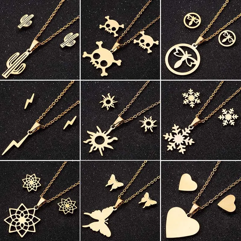Jisensp Stainless Steel Butterfly Wedding Bridal Jewelry Sets for Women Cactus Pendant Necklace Heart Earring Set joias feminina