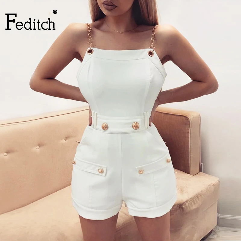 

Feditch Rompers Womens Jumpsuit 2019 Summer Sexy Back Button Short Playsuit Strap Bodysuit Female Fashion White Overalls