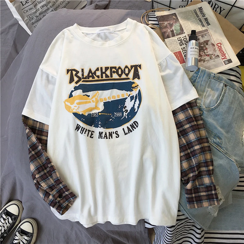 Korean Simple oversized graphic tees Women shirts harajuku Long Sleeve tshirt Leisure Plaid patchwork t shirt white black tops