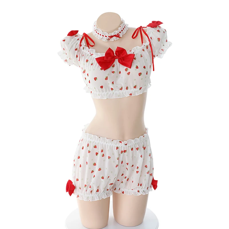 White new cute girl sexy lingerie Japanese strawberry pajamas suit night suit women sleepwear - Color: 1