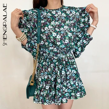 

SHENGPALAE 2020 New Summer Women Vintage Loose High Waist Slim Was Thin Elegant Lantern Sleeve Folds Print Dress ZA4324