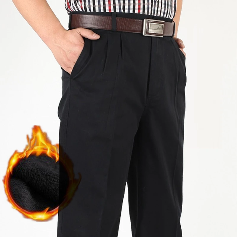 

Warm Thick Fleece Winter Casual Pants Men Loose Straight Classic High Waist Cotton Office Trousers Plus Size 42 44 46