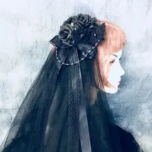 2 слоя, искусственный цветок, бусины, цепочка, свадебная вуаль, кружево, бант, Декор, черный тюль, сетка для женщин, для Хэллоуина, косплей, вечерние
