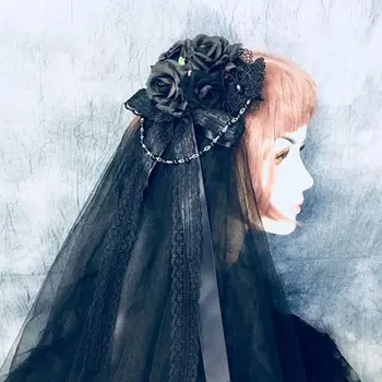 

2 Layer Artificial Flower Beads Chain Wedding Veil Lace Bowtie Decor Black Tulle Mesh for Women Halloween Cosplay Party