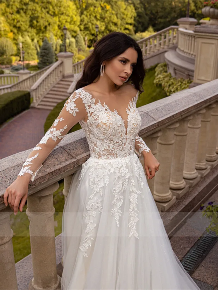 Bohemian A Line Long Sleeve Wedding Dress With Corset Lace Appliques 2021 Bridal For Women V Neck Sweep Train Vestidos De Noiva tea length wedding dress