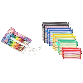 

Maple Leaf Canvas 48 Holes Roll Pencilcase Large Pen Bag 62x21cm with 10 Pieces Ran Color Mesh Zipper Mesh Bag