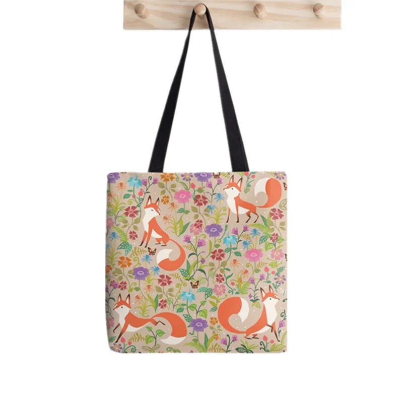 цена 2021 Shopper Flower Foxes Tote Bag Print Tote Bag women Harajuku shopper handbag girl Shoulder shopping bag Lady Canvas Bag
